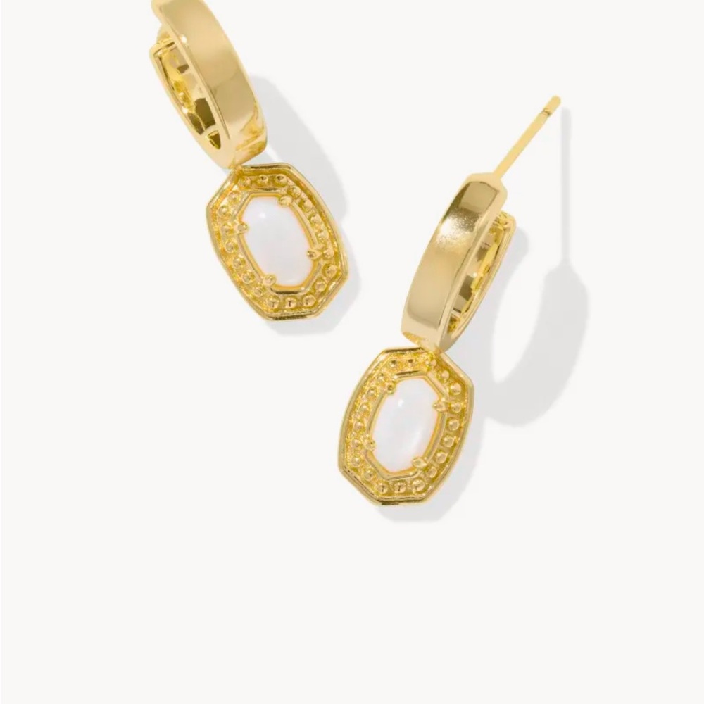 Kendra Scott Emilie Gold Beaded Frame Huggie Earrings in White Mother-of-Pearl.